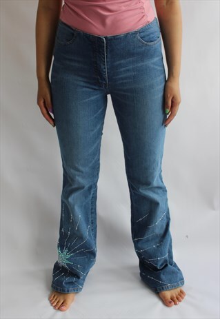 VINTAGE Y2K STYLE BLUE DENIM HIGH WAIST JEANS EMBROIDERY