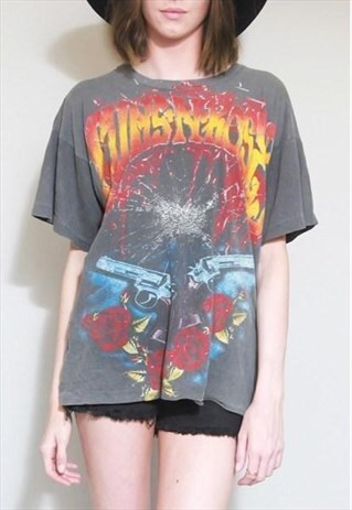 VINTAGE 1980'S GREY ORIGINAL GUNS N ROSES TOUR BAND T SHIRT.