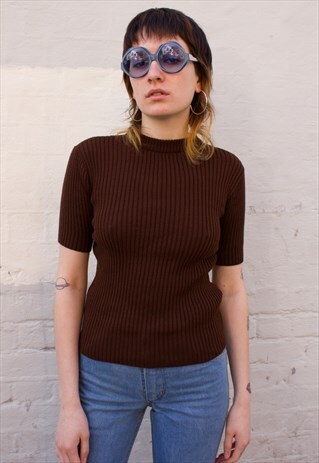 VINTAGE BROWN SKINNY RIBBED KNITTED TOP