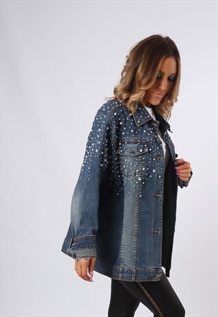 DENIM JACKET LONG BEADED OVERSIZED FITTED UK 18 - 20 (ED3E)