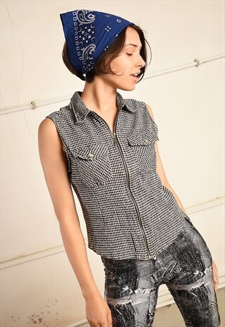 90'S RETRO CHECKED MINIMALIST PARIS CHIC TOP BLOUSE GILET