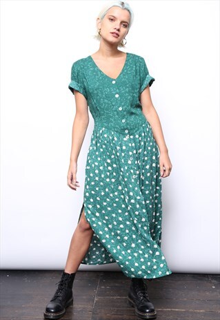 VINTAGE 90S GREEN FLORAL PRINT BUTTON MIDI DRESS