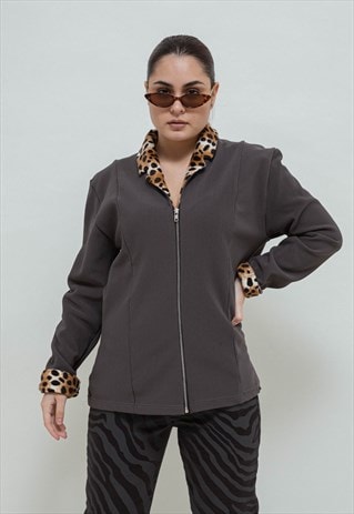 VINTAGE Y2K CHIC GREY LEOPARD PRINT ZIP UP JACKET M