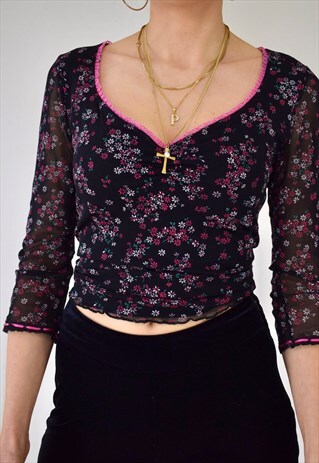 PRETTY Y2K FLORAL MESH LETTUCE HEM SHEER OVERLAY PINK TOP