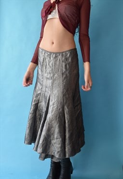 Vintage Y2K Size M Waterfall Frill Midi Skirt in Silver.