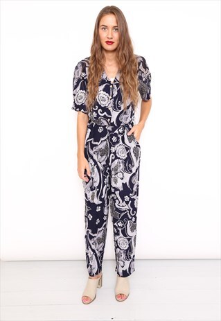 VINTAGE 80S NAVY GRAPHIC FLORAL PRINT JUMPSUIT