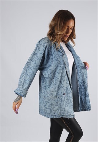 VINTAGE DENIM JACKET FLORAL LONG LONGLINE BLAZER UK 10 (9EAD