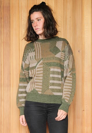 VINTAGE 1980S GREEN AND BROWN PATTERNED JUMPER