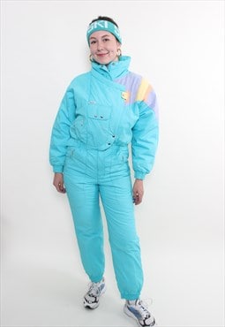 Vintage 80s one piece ski suit, retro multicolor women snow