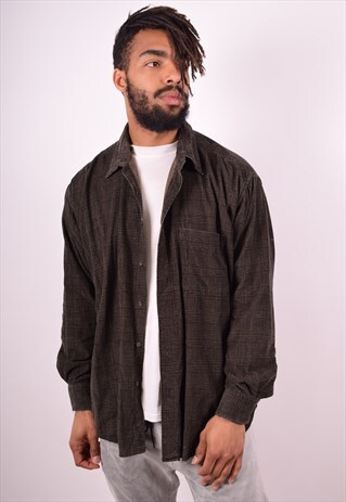 MENS VINTAGE CORDUROY SHIRT XXL BROWN CHECK 90S