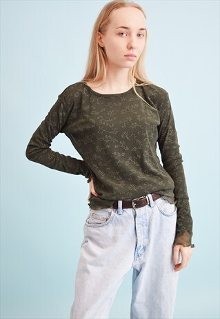 90'S RETRO KHAKI KITSCH MESH TEEN TOP BLOUSE