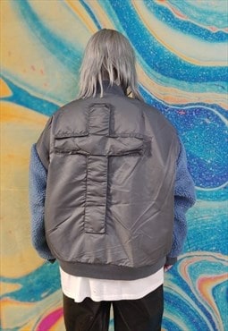 Cross patch fleece jacket reversible flame varsity bomber 