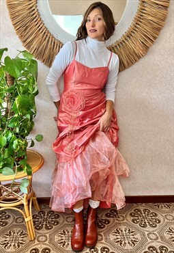 Y2k vintage coral ruffle evening gown