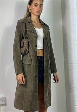 Vintage Y2k Suede Coat Long Trench Khaki Green Grunge