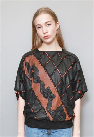 VINTAGE 1970'S BLACK AND BROWN LEATHER CROCHET TOP