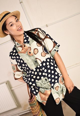 90'S RETRO ABSTRACT PRINT PARIS CHIC SHIRT BLOUSE TOP