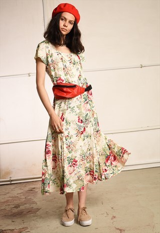 80'S RETRO ROSE PRINT PARIS CHIC MIDI TEA DRESS