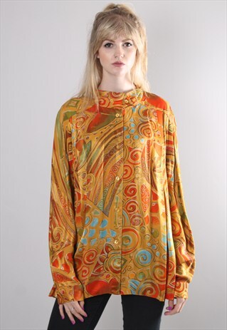 VINTAGE 80S SATIN CRAZY PATTERN PLEAT OVERSIZE BLOUSE TOP