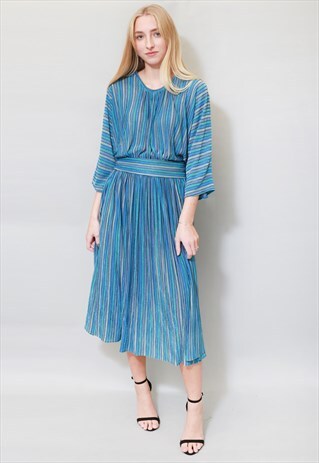 VINTAGE 1970'S SIXTH SENSE BLUE METALLIC STRIPE MIDI DRESS