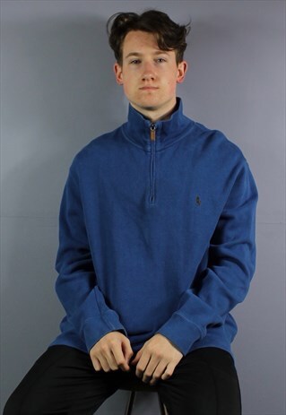 VINTAGE POLO RALPH LAUREN 1/4 ZIP SWEATSHIRT IN BLUE WITH EM