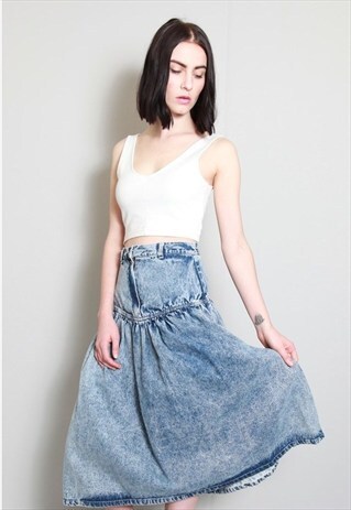 VINTAGE 1970'S ACID WASH HIGH WAISTED DENIM MIDI SKIRT