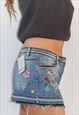 Y2K FLORAL EMBROIDERED BLUE DENIM MICRO MINI SKIRT 