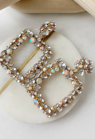 Gold Diamante Drop Square Doorknocker Rhinestone  Earrings