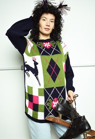 VINTAGE 90S MULTICOLOR NOVELTY DEER KNIT CHRISTMAS JUMPER