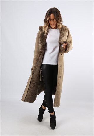 SHEEPSKIN SUEDE LEATHER SHEARLING LONG COAT UK 18 (LH4K)