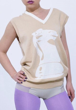 ONTFRONT VINTAGE UNISEX PREPPY KNIT VEST KNIGHT PATTERN