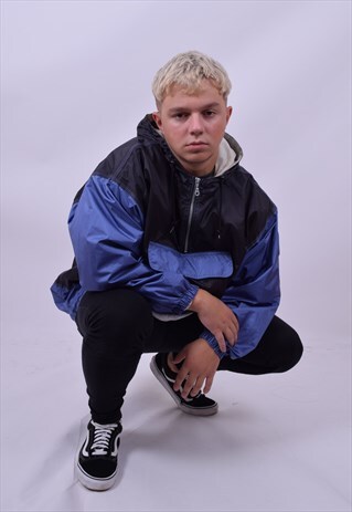 VINTAGE 90'S MID ZIP BLUE HOODED WINDBREAKER SHELL JACKET L