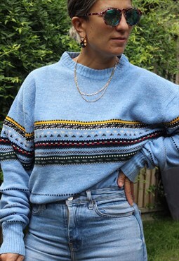 Vintage 1980s striped textured knitted jumper in blue