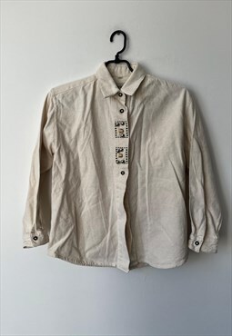 Ivory Linen Embroidered Trachten Blouse Shirt S