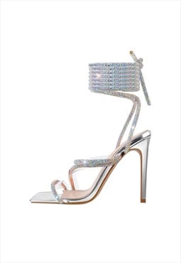 High Heel Lace up Rhinestone Strappy Sandals