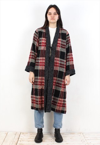 WOOL BLEND PLAID OVER COAT JACKET TARTAN CHECK CARDIGAN TOP