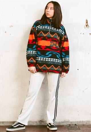 VINTAGE 90S PATTERNED ZIP COLLAR FLEECE SWEATER