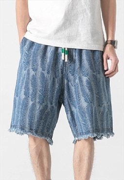 Feather print shorts cut denim pants in washed blue