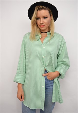 90S POLO RALPH LAUREN OVERSIZED GREEN & WHITE STRIPED SHIRT