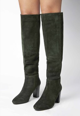 ANNIE - Slouch Premium Suede High Heeled Knee Boots in Green