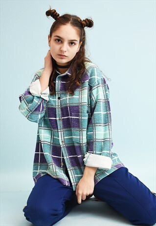 90'S RETRO CHECKED PRINT OVERSIZED DADS WORKWEAR WARM SHIRT