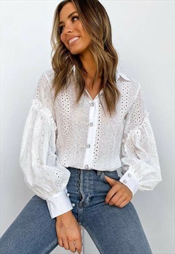 White Broderie Anglaise Balloon Sleeve Blouse