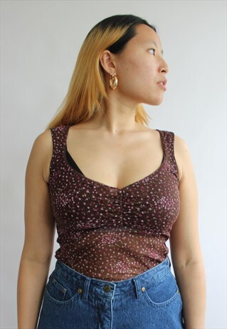 BROWN FLORAL MESH TOP
