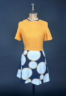 60's Vintage Ladies Dress Mini Yellow Blue Short Sleeve S