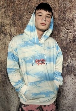 Clouds print hoodie rainbow sky pullover in white blue