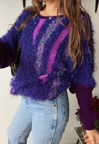 VINTAGE 80S FURRY FLUFFY LONG KNIT JUMPER SWEATER PULLOVER