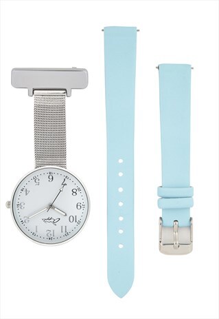 ANNIE APPLE INTERCHANGEABLE SILVER BLUE LEATHER FOB WATCH