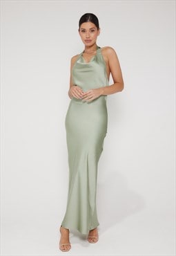 Aurora Cowl Halter Neck Slip Dress - Sage Green