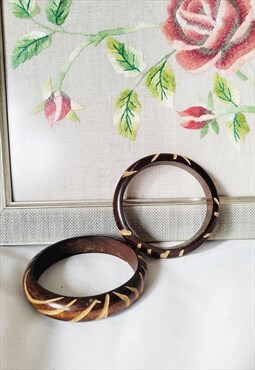 90s vintage brown carved wooden round bohemian bracelet set