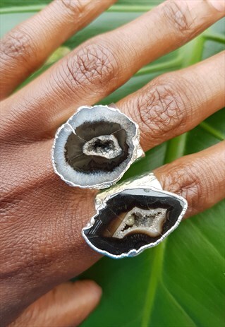 SILVER BLACK MEGA GEMSTONE ADJUSTABLE STATEMENT RING