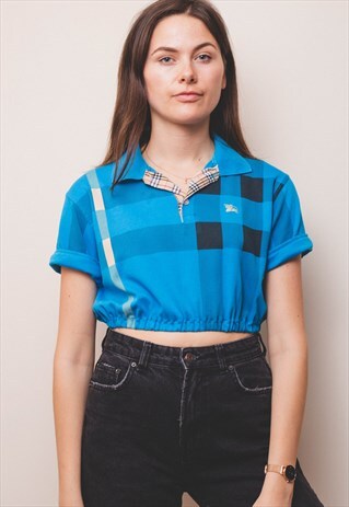 BURBERRY REWORKED BLUE ELASTIC CROP POLO